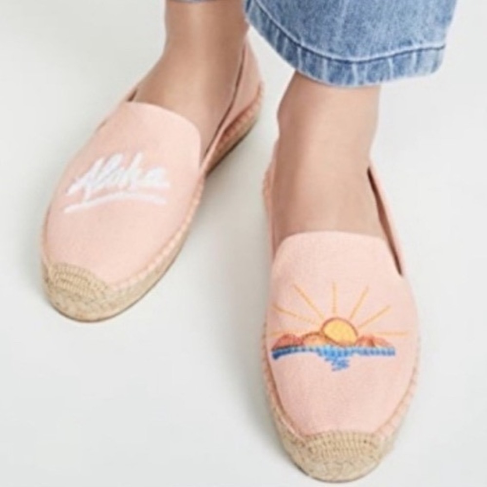 Soludos Aloha Sunset Pink Canvas Espadrille Flats Womens 10 Tropical Embroidered